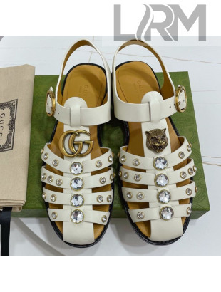Gucci Crystal Stud Flat Sandals White 2021