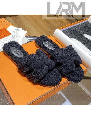 Hermes Oran Shearling Wool Flat Slide Sandals Black 2021