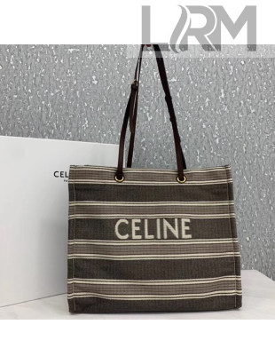 Celine Squared Cabas Tote Bag in Striped Jacquard and Calfskin Grey/Brown 2020