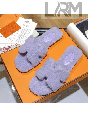Hermes Oran Shearling Wool Flat Slide Sandals Light Purple 2021