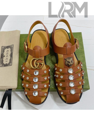 Gucci Crystal Stud Flat Sandals Brown 2021
