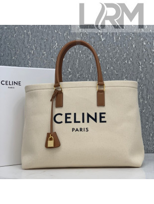 Celine Horizontal Cabas Large Tote in White Canvas with Celine Print and Calfskin 2020