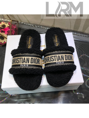 Dior Dway Flat Slide Sandals in Black Embroidered Cotton and Shearling 2021