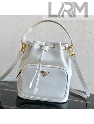 Prada Small Leather Pocket Drawstring Bucket Bag 1BH038 White 2019