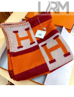 Hermes Wool Cashmere H Checker Blanket 180x135cm Orange 2019