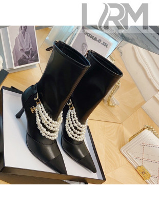 Chanel Calfskin Mid-High Boots 7.5cm with Pearl Charm Black 2021