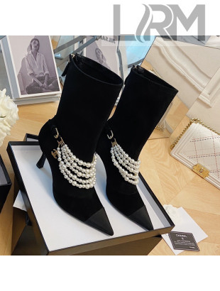 Chanel Suede Mid-High Boots 7.5cm with Pearl Charm Black 2021