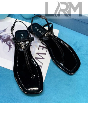 Prada Patent Leather Flat Thong Sandals Black 2021