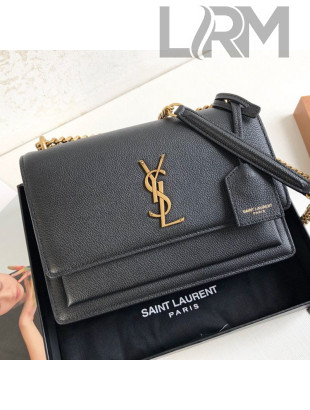 Saint Laurent Sunset Medium Shoulder Bag in Grained Leather Black/Gold 442906 2019