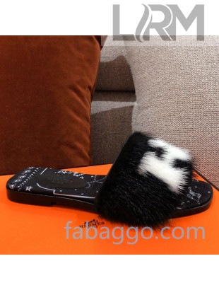 Hermes Mink Fur H Flat Side Sandals Black 2020