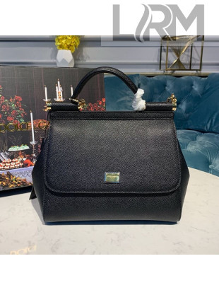 Dolce&Gabbana Classic Medium Sicily Palm-Grained Leather Top Handle Bag Black