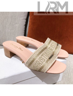 Dior Dway Embroidered Cotton Heel Slide Sandals 5cm Pink/Beige 2021