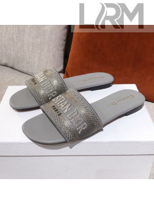 Dior Dway Embroidered Cotton Flat Slide Sandals Grey 2021