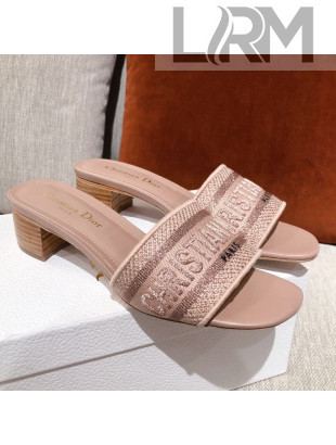 Dior Dway Embroidered Cotton Heel Slide Sandals 5cm Light Pink 2021