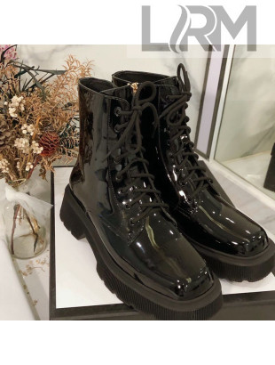 Gucci Patent Leathe Lace-up Short Boots Black 2020