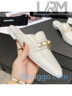 Chanel Calfskin Chain Charm Loafers Mules White 2020