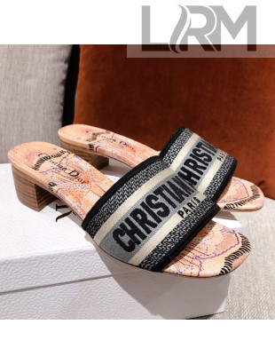 Dior Dway Embroidered Cotton Heel Slide Sandals 5cm Pink/Grey 2021