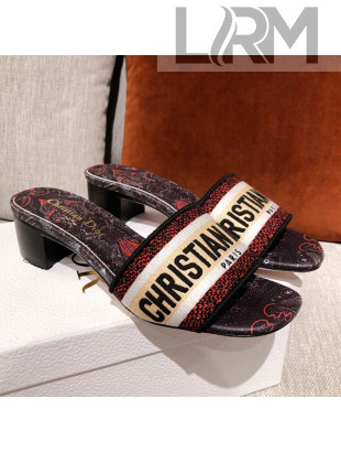 Dior Dway Embroidered Cotton Heel Slide Sandals 5cm Beige/Dark Blue 2021