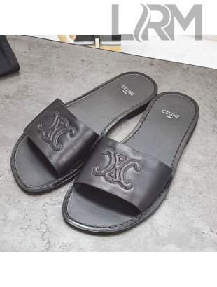 Celine Logo Leather Slide Sandals Black 2021