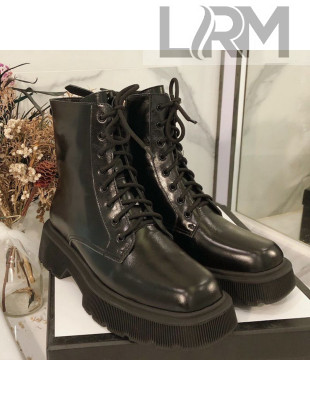 Gucci Oily Leathe Lace-up Short Boots Black 2020