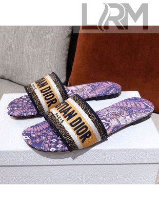 Dior Dway Embroidered Cotton Flat Slide Sandals Purple/Beige 2021