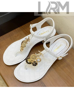 Chanel Lambskin Flat Thong Sandals with Coin Charm White 2021