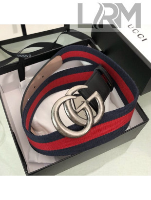 Gucci Web Fabric Belt 38mm with GG Buckle Red/Blue/Silver 2019