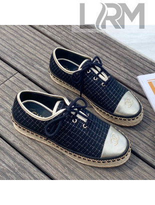 Chanel Check Fabric Low-Top Lace-Ups Espadrille Sneakers G36140 Navy Blue 2020