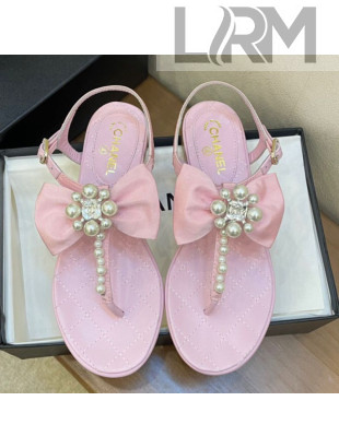 Chanel Lambskin Flat Thong Sandals with Pearl Bow Pink 2021
