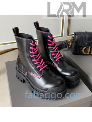 Balenciaga Strike Calfskin Lace-up Short Boot Black/Pink 2020