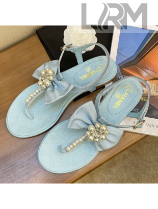 Chanel Lambskin Flat Thong Sandals with Pearl Bow Blue 2021