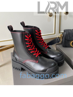 Balenciaga Strike Calfskin Lace-up Short Boot Black/Red Lace 2020