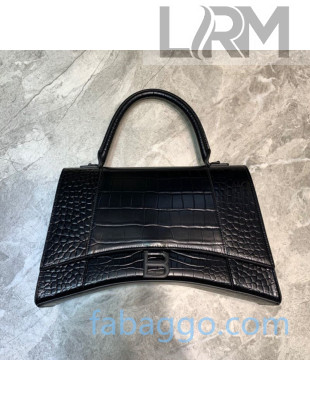 Balenciaga Hourglass Large Top Handle Bag in Shiny Crocodile Embossed All Black 2020
