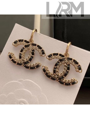 Chanel Chain Leather CC Short Earrings Black/Gold 2019
