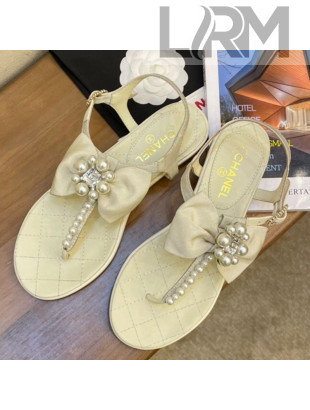 Chanel Lambskin Flat Thong Sandals with Pearl Bow Apricot 2021