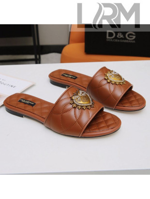 Dolce&Gabbana DG Charm Calfskin Flat Slide Sandals Brown 2021