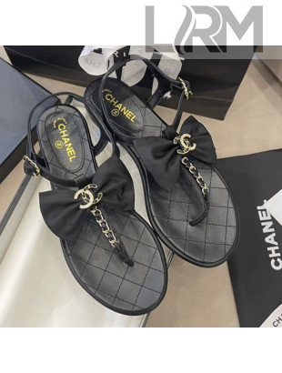 Chanel Lambskin Flat Thong Sandals with Chain Bow Black/Gold 2021