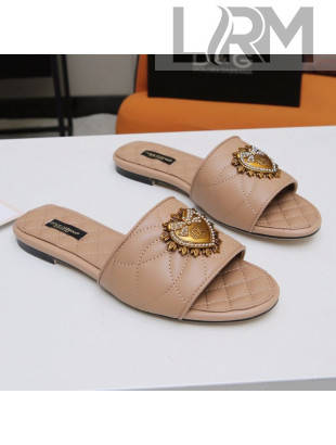 Dolce&Gabbana DG Charm Calfskin Flat Slide Sandals Beige 2021