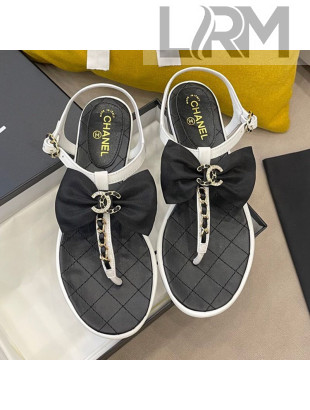 Chanel Lambskin Flat Thong Sandals with Chain Bow Black/White 2021