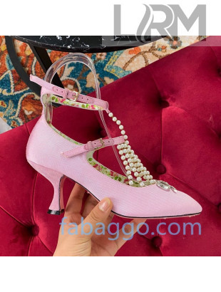 Gucci Fabric Mary Jane Pump/Ballerina with Pearl Tassel and Crystal Bow Pink 2020