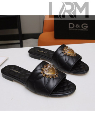 Dolce&Gabbana DG Charm Calfskin Flat Slide Sandals Black 2021