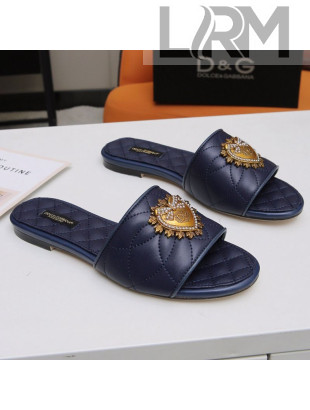 Dolce&Gabbana DG Charm Calfskin Flat Slide Sandals Navy Blue 2021