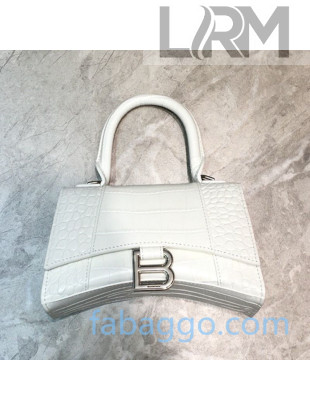 Balenciaga Hourglass Mini Top Handle Bag in Shiny Crocodile Embossed Leather White/Silver 2020
