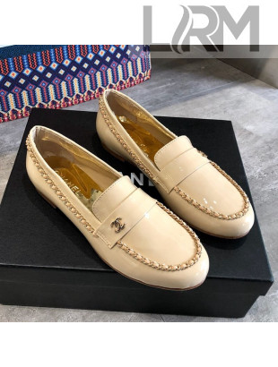 Chanel Patent Leather Chain Flat Loafers G35631 Beige 2020