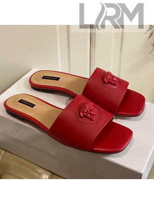 Versace Logo Flat Slide Sandals Red 2021