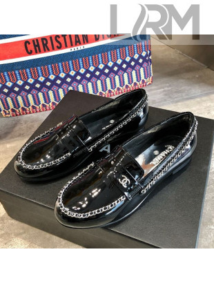 Chanel Patent Leather Chain Flat Loafers G35631 Black 2020