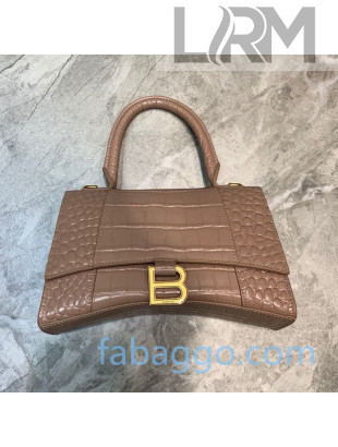 Balenciaga Hourglass Small Top Handle Bag in Shiny Crocodile Embossed Leather Nude/Gold 2020