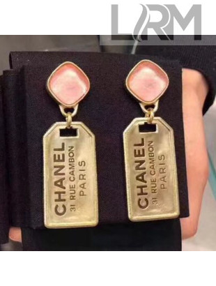 Chanel Metal Tag Short Earrings AB3078 Gold/Pink 2019