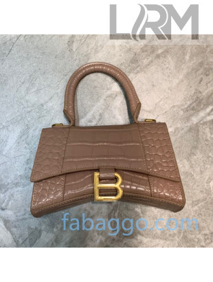 Balenciaga Hourglass Mini Top Handle Bag in Shiny Crocodile Embossed Leather Nude/Gold 2020