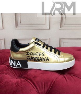 Dolce Gabbana Calfskin Nappa Portofino Sneakers with Lettering Print Gold 16 2020
